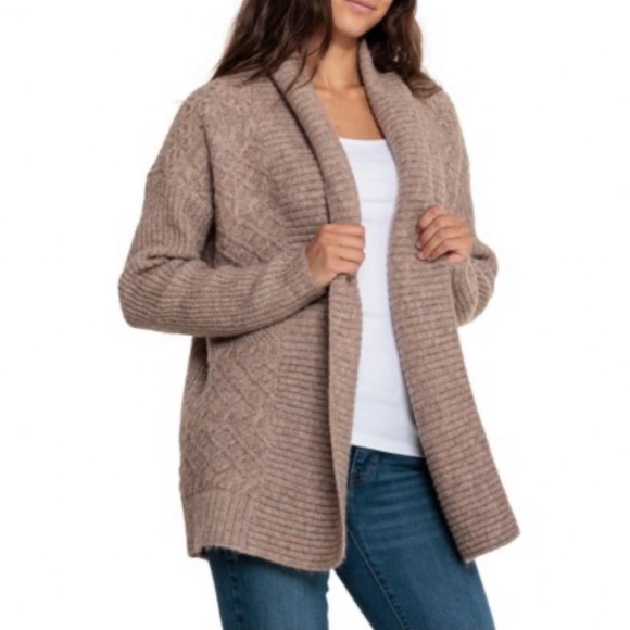 Frye Open Front Mixed Texture Cable Knit Cardigan Sweater Heather Brown NEW